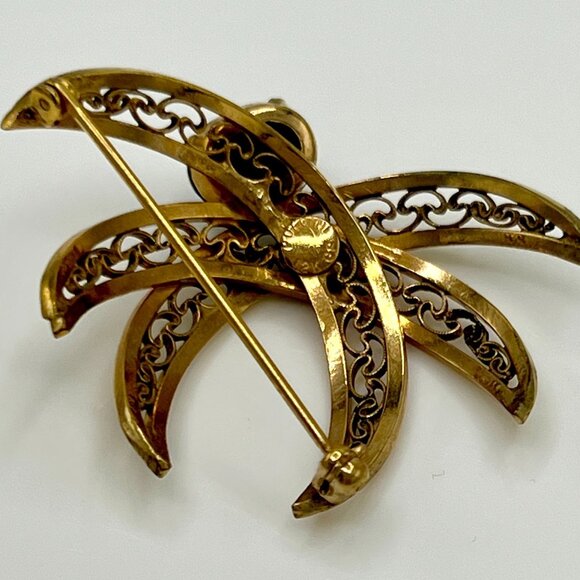 POLCINI Brooch Pin Signed 12K GF Gold Plated Jade Green Stone Filigree Vintage - Picture 6 of 12